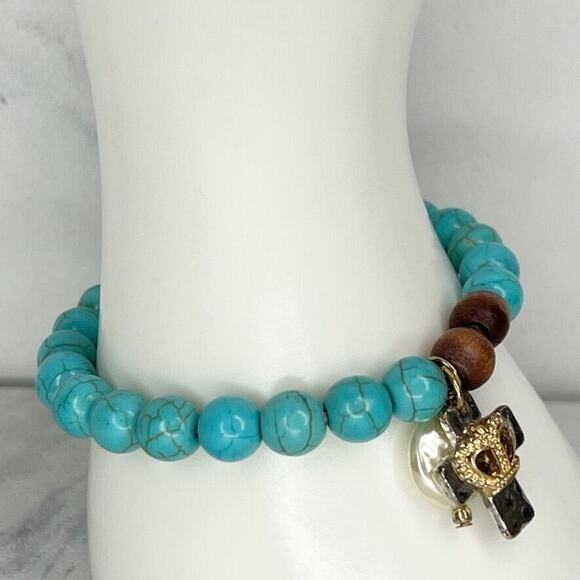 Faux Turquoise Beaded Cross Faux Pearl Charm Stretch Bracelet - Picture 8 of 8
